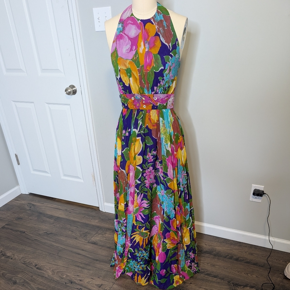 Saks Fifth Avenue Young Dimension 60s 70s Flower Power‎ Halter Maxi Dress 6